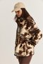 Women's Brown-Cream Patterned Stand Collar Pocket Detailed Ribbed Zippered Fleece Sweatshirt 4219 60286646 - 4
