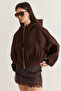 Women's Bitter Brown Hooded Lined Pocket Detailed Bomber Cut Zippered Cashmere Coat 7053 60286642 - 3