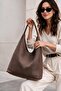 Women's Brown Knitted Patterned Suede Large Size Casual Hobo Shoulder Bag - 5