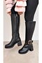 Double Square Buckle Women's Boots Black Leather - 3
