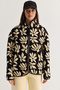 Women's Black-Cream Patterned Stand Collar Pocket Detailed Ribbed Zippered Fleece Sweatshirt 4219 60286646