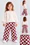 Gabardine Fabric Unisex Children's Burgundy Checkered Casual Balloon Cut Pants with Elastic Waist