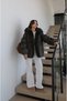 Khaki Fur Coat with Lacing Detail on the Sleeves - 3