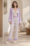 Women's Lilac Satin Dressing Gown Pajamas Set Lace Bralet Floral Patterned Trousers 3 Piece - 4