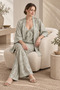 Women's Mint Satin Kimono Pajama Set Patterned V-Neck Strap Top Pants 3 Piece