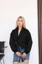 Women's Black Waist Buckle Detail V-Neck Belted Short Suede Jacket