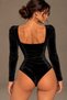 Women's Square Neck Long Sleeve Italian Velvet Snap Fastener Bodysuit Body - 2
