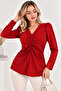 Gathered Front V-Neck Long Sleeve Blouse - 2