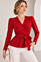 Red V-Neck Double-Breasted Belted Long Sleeve Blouse