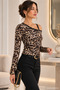 Women's Long Sleeve Single Shoulder Open Strap Patterned Single Jersey Blouse - 4
