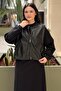 Zippered Leather Combination Bomber Nero Jacket