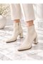 Yona Women's Beige Wrinkled Patent Leather Pointed Toe Front Stitching Detailed Zippered Warm Lining Inside 7 cm Thick Sole - 2