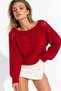 Women's Red Knitted Openwork Boat Neck Sweater - 2