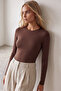 Women's Brown Crew Neck Long Sleeve Snap Fastener Polyamide Body Blouse Alc-X15889 - 3