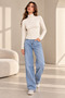 Women's Ecru High Collar Long Sleeve Modal Ribbed Fabric Blouse with Stitching Detail - 2
