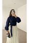 Tie-Front Crop Shirt - Mg - Navy Blue - 2