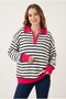 Women's Fuchsia Pink Polo Collar Garnished White Black Striped Patchwork Half Zipper Knitwear - 2