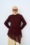 Women's Asymmetrical Front Cut, Side Pleated, Lace Detail, Crew Neck Tunic, Burgundy