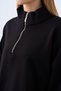 Women's Stand Collar Zipper Front Pantsuit with Grass Detail Set Black - 5