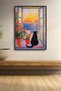 Sunset on a Floral Window and Black Cat Framed Painting Cat Poster Modern Wall Decor Kedi32