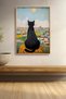 Cityscape Viewing Black Cat Framed Painting Cat Poster Modern Wall Decor Kedi55