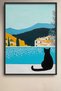 Black Cat by the Pool by the Seashore Framed Painting Cat Poster Modern Wall Decor Kedi18 - 2