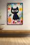 Floral Cocktail and Cute Black Cat Framed Painting Cat Poster Modern Wall Decor Kedi53