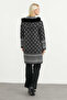 Ethnic Patterned Faux Fur Detailed Long Knitwear Cardigan - Black - 6
