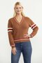 V-Neck Line Combination Knit Sweater - Tan - 2