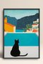Black Cat Framed Painting with Pool and Sea View Cat Poster Modern Wall Decor Kedi25 - 3