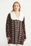 Long Knit Cardigan with Faux Fur Collar - Brown - 2