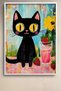Cute Black Cat with Strawberry Drink Framed Painting Cat Poster Modern Wall Decor Kedi23 - 2