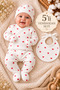 5 Piece Hearted Newborn Hospital Discharge Set 100% Cotton Ribbed Fabric Baby Girl Bodysuit Pants Hat Bib Gloves Set