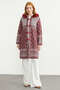 Ethnic Patterned Faux Fur Detailed Long Knitwear Cardigan - Burgundy