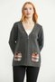 Women's Floral Embroidered Zippered Knitwear Jacket with Pockets - Dark Gray - 4