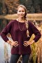 Burgundy Boat Neck 3/4 Sleeve Diamond Patterned Casual Mercerized Oversize Knitwear Sweater 65 70 - 5