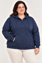 Oversized plus size three-thread fleece-lined hooded full-zip winter sweatshirt - navy blue