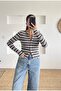 Gray Striped Snap Fastener Long Sleeve Blouse