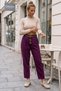 Italian Plum Color Leopard Pattern Elastic Waist Straight Leg Slim Corduroy Woven Trousers 100 70