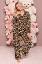 Leopard Pattern Suede Knitted Long Sleeve Women's Buttoned Pajama Set - 2