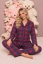 Plaid Pattern Navy Blue Suede Knitted Long Sleeve Women's Buttoned Pajama Set