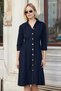 Women's Stretchy Velvet Collared Dress with D Buckle on the Sides and Gathered Sleeves, Below the Knee, Kilos Dress - Navy Blue - 3