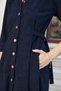 Women's Stretchy Velvet Collared Dress with D Buckle on the Sides and Gathered Sleeves, Below the Knee, Kilos Dress - Navy Blue - 7