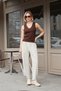 Women's Flexible Premium Velvet Fabric High Waist Elastic Waist Pleated Pocket Trousers-Stone