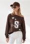 Women's Brown Bird's Eye Detailed Unlined Off-Shoulder Sweatshirt Swt-19000802 - 5