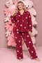 Floral Pattern Burgundy Suede Knitted Long Sleeve Plus Size Women's Buttoned Pajama Set - 2