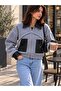 Women's Herringbone Patterned Leather Garnished Zippered Bomber Jacket - 5