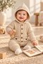 Baby knitted romper with hood, hair braid pattern, knitwear, wooden buttoned, pocketed, unisex for girls and boys, 3-12 months - 2