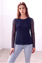 Women's Navy Blue Tulle Crew Neck Long Sleeve Lined Blouse Salome