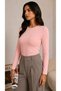 Women's Powder Pink Crew Neck Basic Long Sleeve Soft Stretch Fabric Blouse - 6